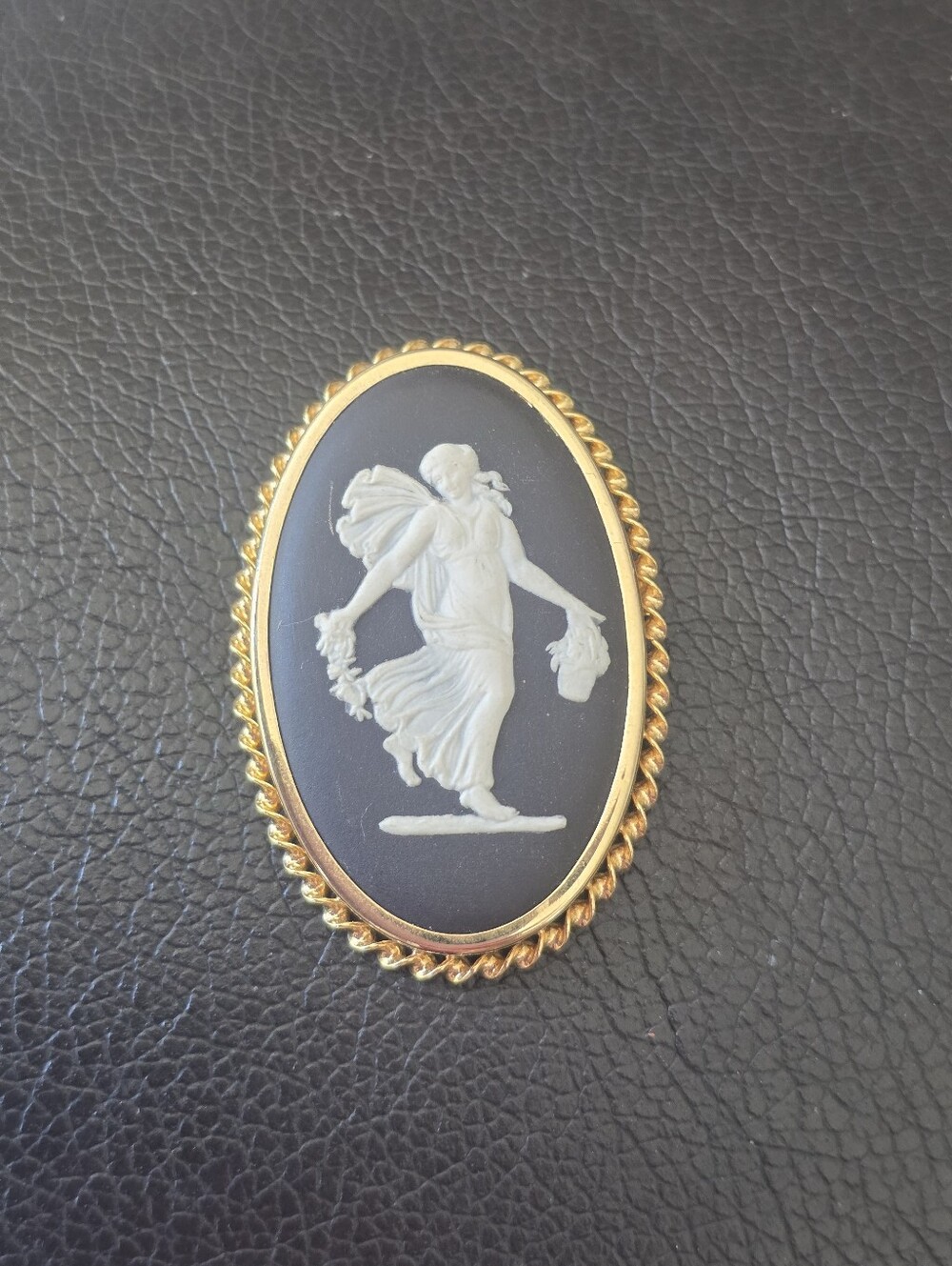 Wedgwood Black and White Cameo Brooch with Gold Frame - Gold Filled
